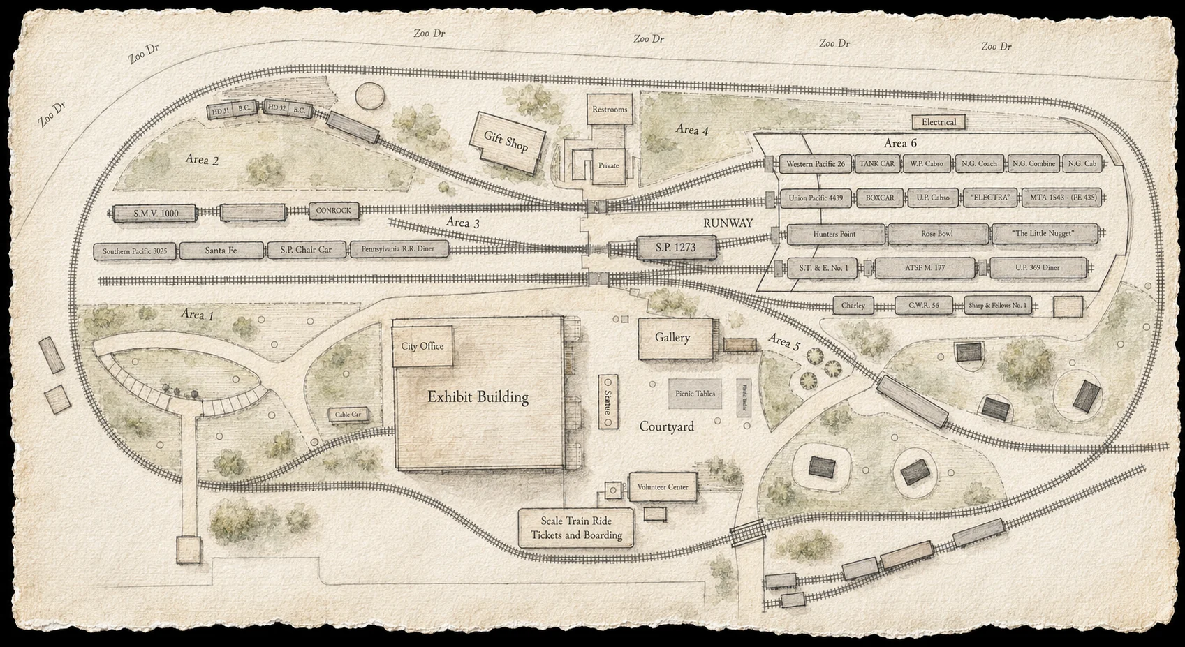 Watercolor map of Travel Town — gold pins mark the chapters to discover